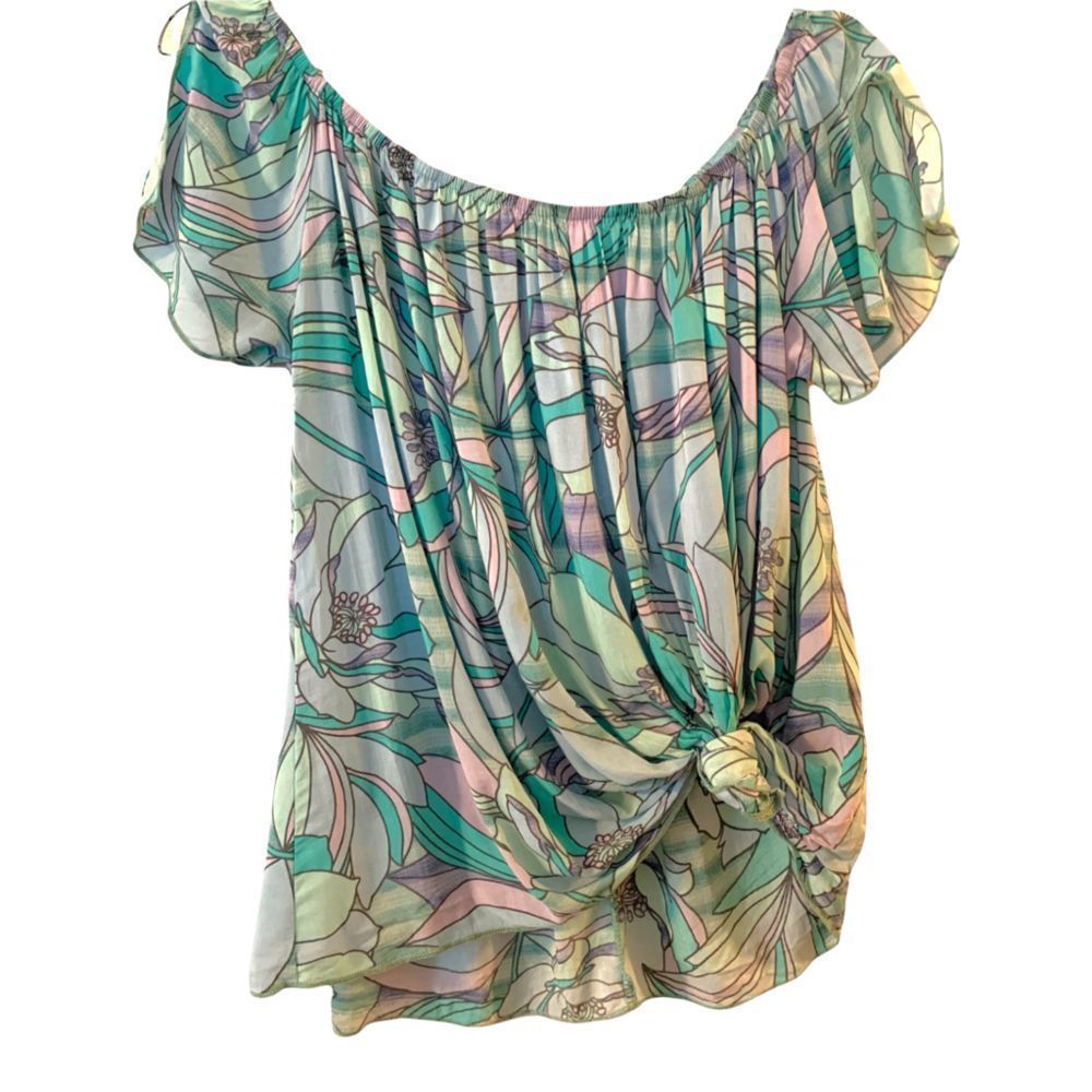 MOD Lap Over Short Sleeve Colorful Floral Hip Tie Top S (A-112)